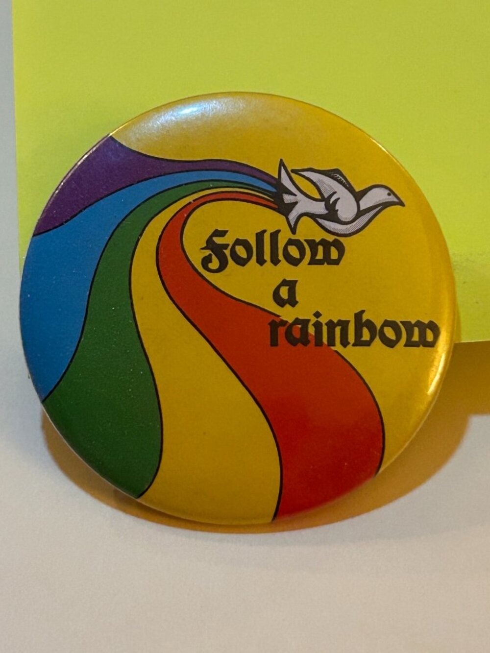 Vintage 1980s Follow A Rainbow Round Button Pin Badge